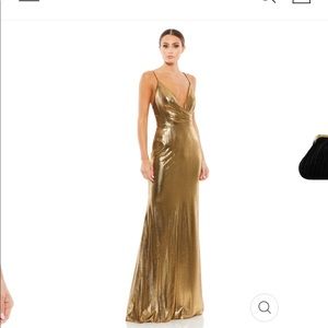 METALLIC FAUX WRAP SPAGHETTI STRAP GOWN